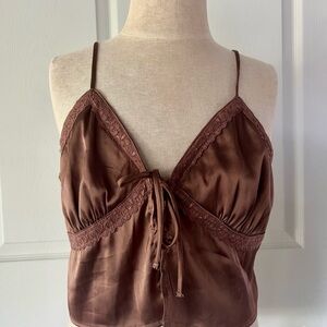 Brown Satin Lace Trim Cami Top